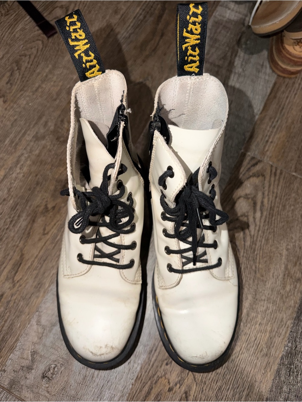 Dr. Martens White Leather Lace-Up Combat Boots with Black Laces